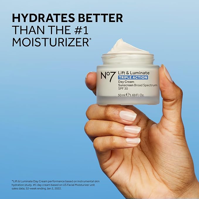 No7 Lift & Luminate Triple Action Face Cream - Fragrance Free Face Moisturizer with SPF 30 - Formulated with Anti Aging Collagen Peptides & Brightening Complex (1.69 Oz)