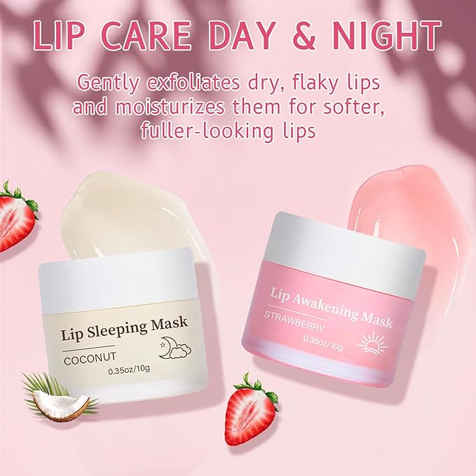 24H Lip Mask Set – Strawberry Day & Coconut Night Care – Hydrating & Softening Lip Sleeping Mask Duo for Dry, Flaky Lips – 10g x 2 (Strawberry and Coconut Set)