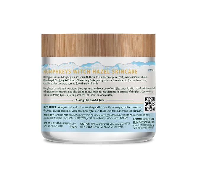 Humphreys Witch Hazel Clarifying Cleansing Pads | Wild Harvested Witch Hazel | Natural, Fragrance-Free Formula | Removes Oil & Impurities | 60 Rounds
