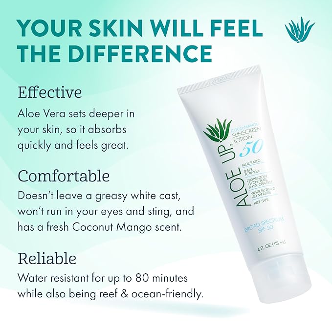 Aloe Up White Collection SPF 50 | Sunscreen Lotion for Face & Body with Aloe Vera Gel | Water Resistant up to 80 Minutes | Reef Friendly, Non Greasy, Fast Absorbing | Coco Mango Fragrance 4 Oz