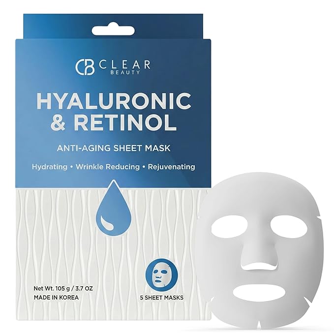 Clear Beauty Sheet Mask with Hyaluronic Acid & Retinol – Hydrating & Anti-Aging Formula For Dry, Dull, Wrinkled Skin – Dermatologist Tested, Korean Skin Care – Vegan Clean Beauty – 5 Sheets