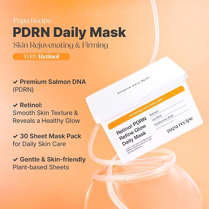 Papa Recipe Retinol PDRN Refine Glow Daily Mask (30 Sheets) - Korean Skin Revitalizing Facial Masks, Anti-aging - Soothing, Calming & Hydrating Face Skin, Sensitive Skin-friendly