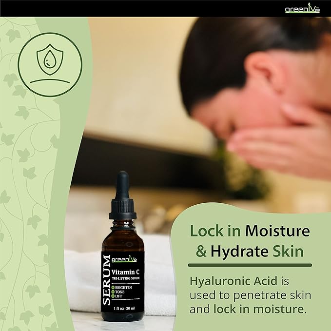GreenIVe Vitamin C Serum for Face with Hyaluronic Acid & Vegetable Collagen - Tri-Lifting Hydrating Facial Serum - Brightening Skin Care for Glowing Complexion - Vegan & Cruelty Free - 1 fl oz