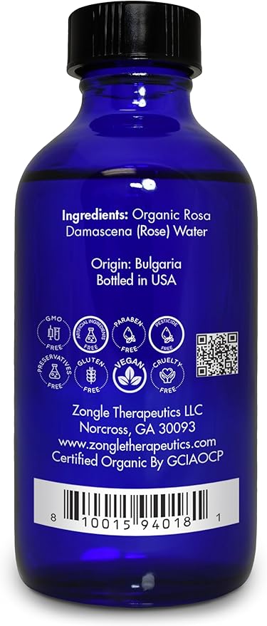 Organic, Rose Water, Spray for Face, Hyderating Toner – 100% Pure, Rose Water, by Zongle Therapeutics Grade, 4 Oz