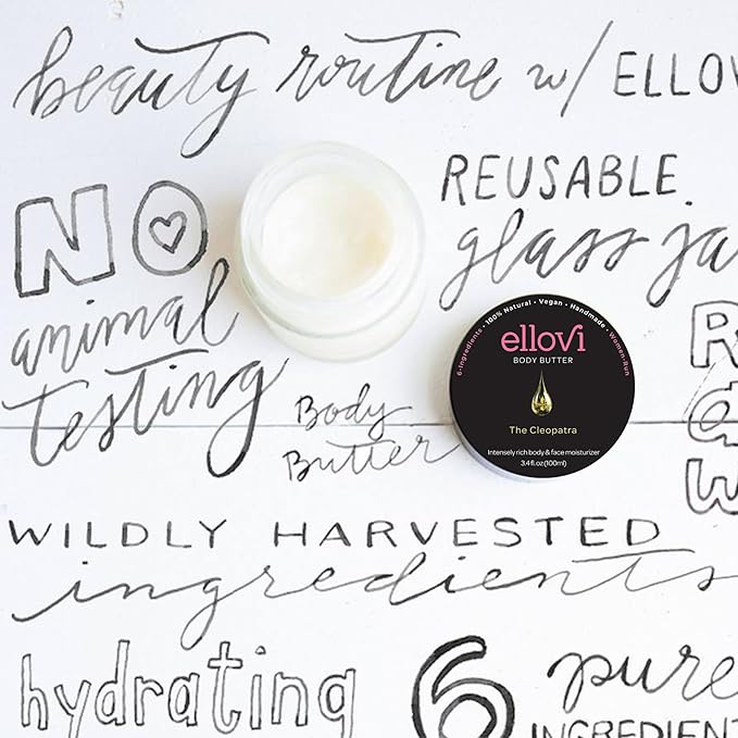 Ellovi All-Natural Body Butter - The Cleopatra - Pure Enough to Eat - Made With Just 6 Vegan Ingredients - Ultra-Rich 100% Plant-Based Moisturizer For Naturally Healthy Skin (3.4 fl. oz/100ml)