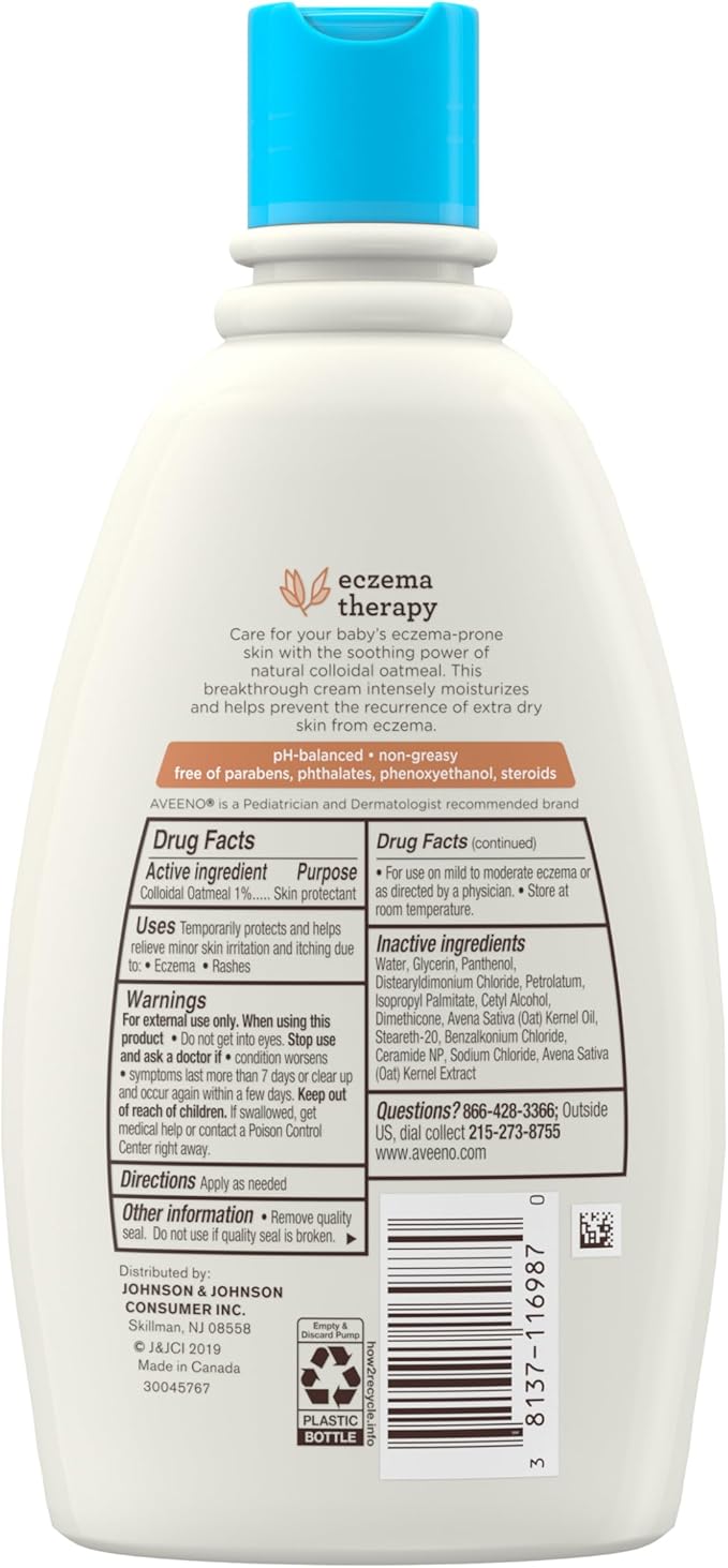 Aveeno Baby Eczema Therapy Moisturizing Cream, Natural Colloidal Oatmeal & Vitamin B5, Baby Cream for Dry, Itchy, Irritated Skin Due to Eczema, Paraben- & Steroid-Free, 12 fl. oz
