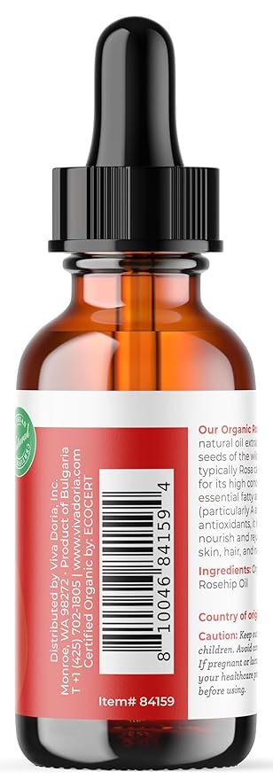 Viva Doria Organic Rosehip Seed Oil, 30 ml (1 Fl Oz) | 100% Pure & Natural | USDA Organic | Cold-Pressed & Unrefined Carrier Oil for Face, Skin & Nails