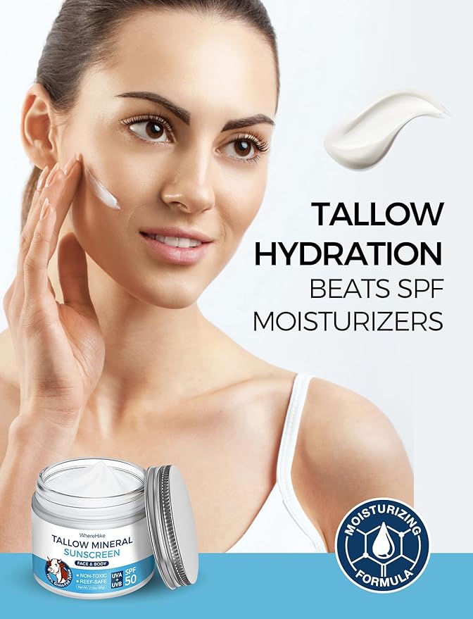 Stilip Organic Beef Tallow Sunscreen-SPF 50 with Zinc Oxide,Non-Toxic 2-in-1 Moisturizer & Mineral Sunblock | Reef Safe, Chemical-Free,Lightweight, Clean Formula for Sensitive Skin Natural Sunscreen.