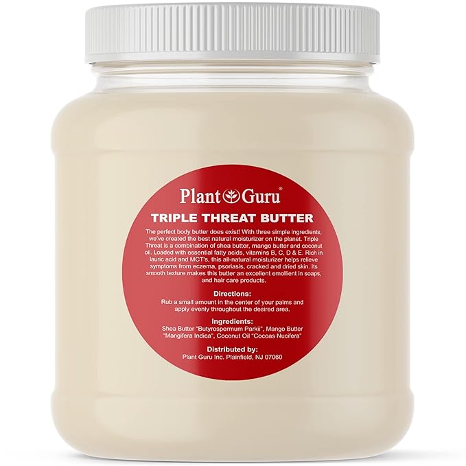 Plant Guru Triple Threat Body Butter 3 lbs. Bulk - Blend of Shea, Mango & Coconut Oil - 100% Pure Natural Raw Unrefined Moisturizer For Dry Skin, Face And Hair. Great For Lip Balm and Soap Making