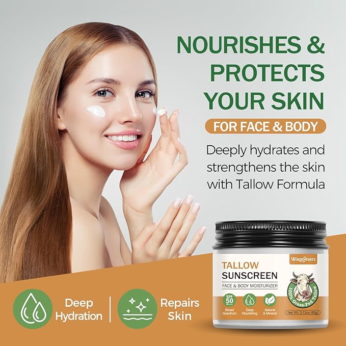 Beef Tallow Sunscreen SPF 50 - Mineral Sunscreen with Zinc Oxide - Non-Toxic Natural Sunblock for Face & Body - Water Resistant, Reef Safe, Moisturizing for Dry and Sensitive Skin
