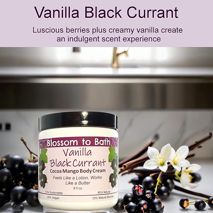 Blossom to Bath Vanilla Black Currant Cocoa Mango Body Cream (8 Ounce) - Natural Fragrance - Feels Like A Lotion And Works Like A Butter with a Sensuous Berry Scent