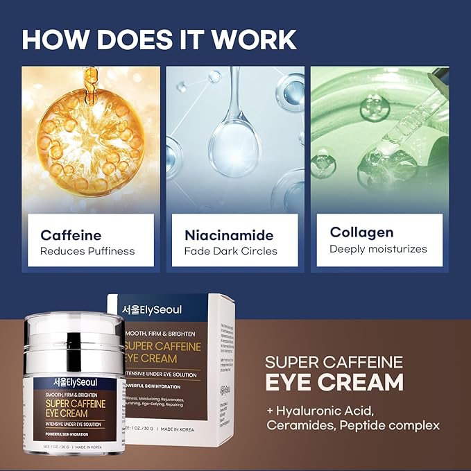 ElySeoul Korean Caffeine Collagen Eye Cream: Puffiness & Dark Circles Under Eye Treatment - Anti-Aging with Peptides & Hyaluronic Acid, 1 oz / 30g
