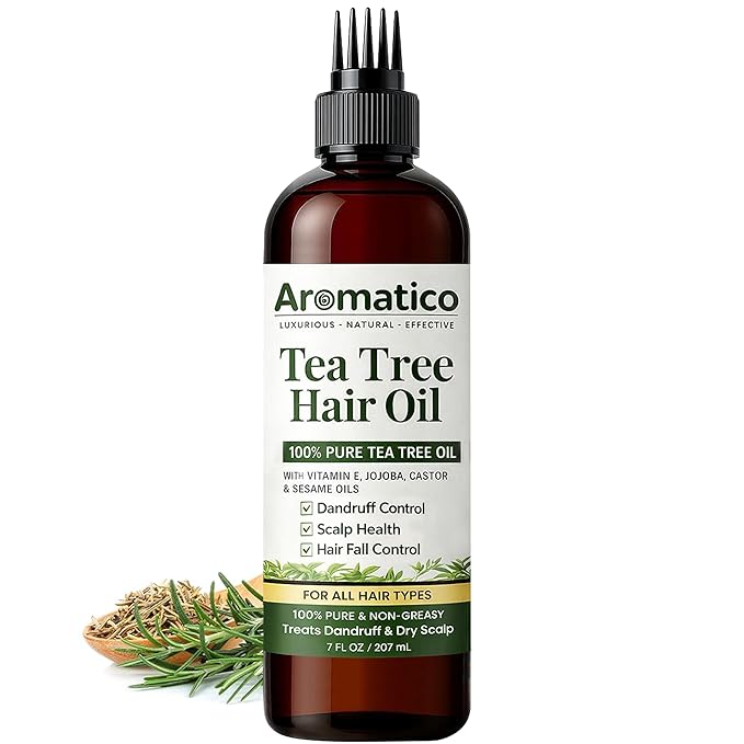 Aromatico Tea Tree Hair Oil with Vitamin E, Jojoba, Castor & Sesame Oils – Lightweight Scalp & Hair Care Oil for Dry Scalp, Shine & Smooth-Looking Hair – Non-Greasy Formula, 200 ml / 7 fl oz