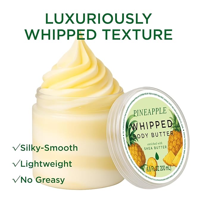 Princess Belle Pineapple Whipped Shea Body Butter, Body Moisturizer for Dry Skin, Smell Good, Pineapple Gifts for Women-2 Pack (3.4floz + 6.8 floz)