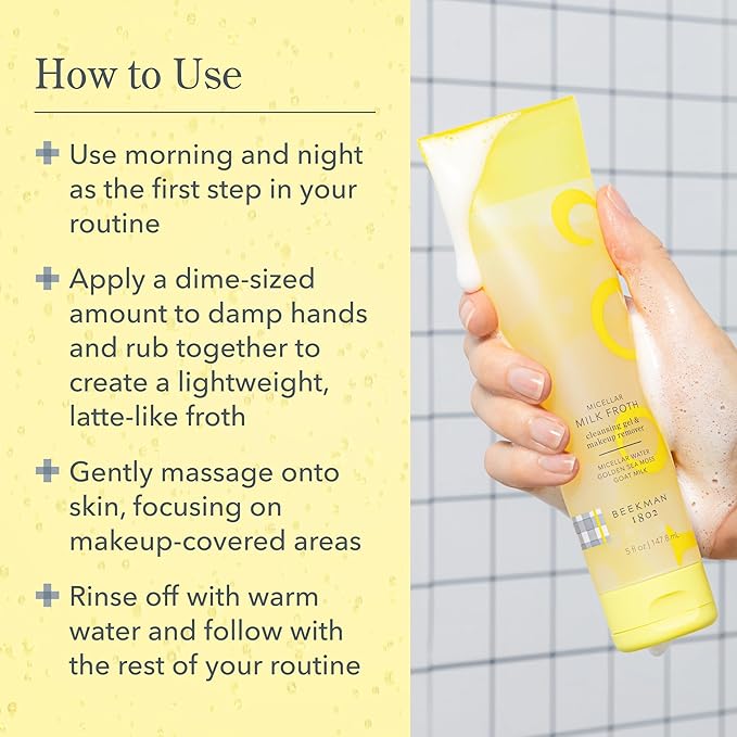 Beekman 1802 Micellar Milk Froth Face Wash – Hydrating Gel to Foam Facial Cleanser & Makeup Remover with Goat Milk & Golden Sea Moss, Gentle Foaming Face Wash for Sensitive Skin – Travel Size