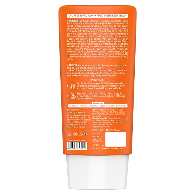 Aravi Organic Oil-Free Fluid Sunscreen SPF 50 PA++++ | (In-Vivo) Dermatologically Tested | Ultra-Light,No White Cast | Broad Spectrum Protection | Hyaluronic Acid & Vitamin C - 1.6 FL Oz / 50ml