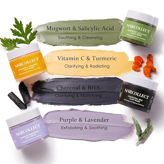 ANRCOLLECT 4-Pack Clay Face Mask Set (280g Total) - Vitamin C Turmeric, Charcoal BHA, Mugwort Salicylic & Purple Clay Masks for Deep Pore Cleansing, Oil Control & Blackhead Removal - Skincare Gift Set