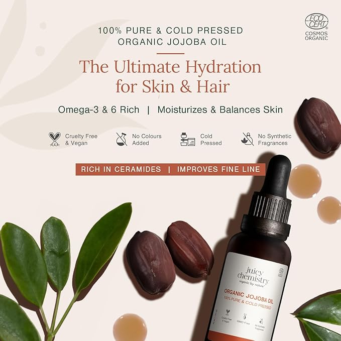 Juicy Chemistry Pure, Cold-Pressed & Organic Carrier Jojoba Oil For Skin, Hair & Nails | Ecocert Organic, Hexane And Gmo Free Carrier Oil For Men & Women | Cruelty-Free & Vegan 30 ml (Pack Of 1)