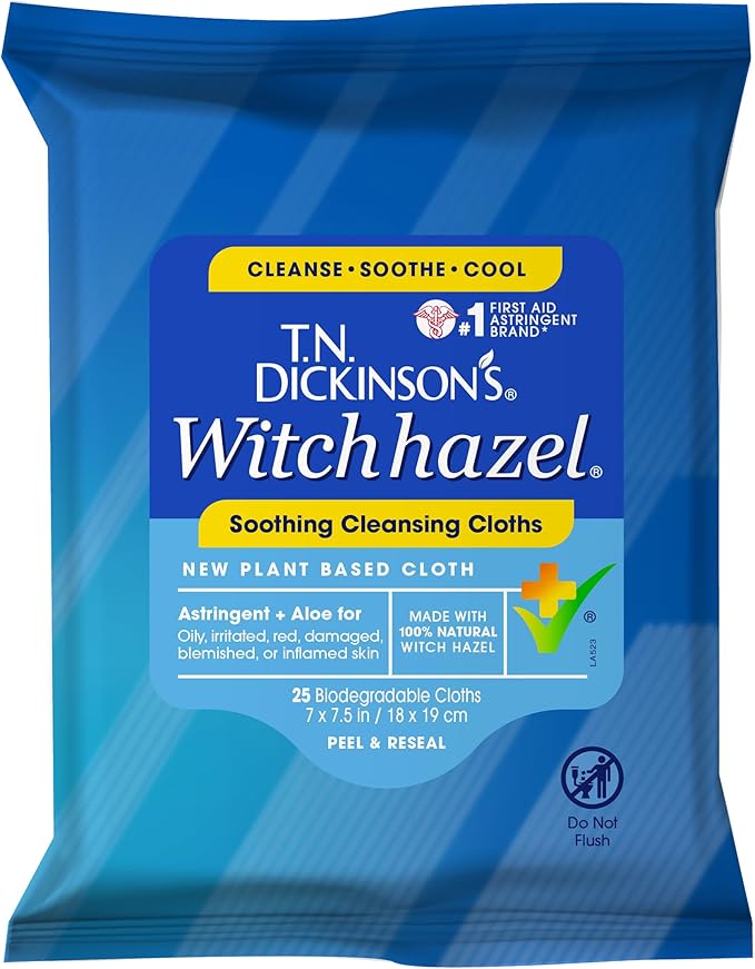 T.N. Dickinson's Witch Hazel 100% Natural Astringent 8 fl oz and Soothing Cleansing Cloths 25 Count