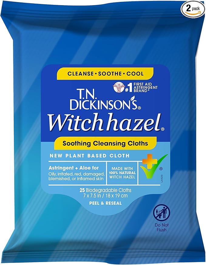 T.N. Dickinson's Witch Hazel 100% Natural Astringent 8 fl oz and Soothing Cleansing Cloths 25 Count