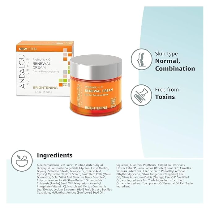 Andalou Naturals Probiotic + Vitamin C Renewal Cream - Complexion Enhancing Hydrating Face Moisturizer - Helps Promote Firmer Skin & More Even Tone - Lightweight, Non-Greasy Formula - 1.7 Oz