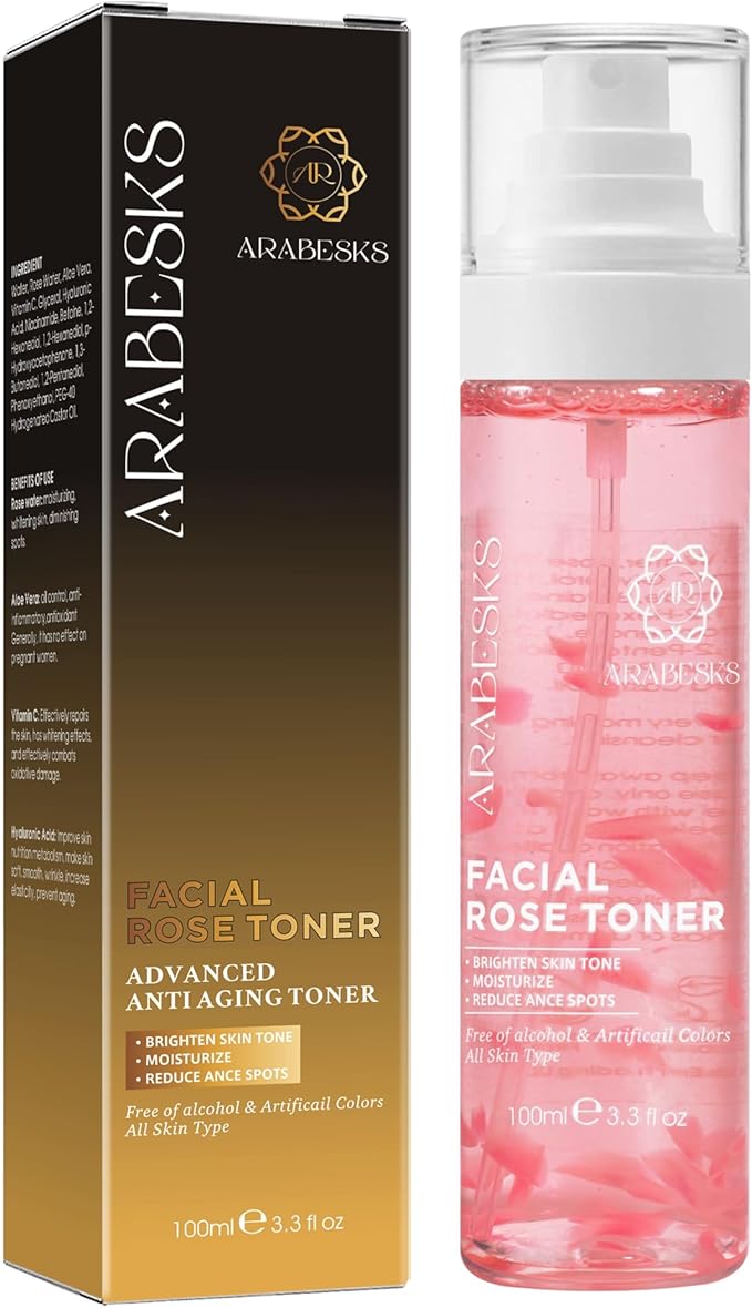 ARABESKS Rose Water Toner Spray for Face with Hyaluronic Acid & Aloe Vera — Hydrating Face Mist, Alcohol-Free, Vegan & Cruelty-Free, Vitamin C, Sensitive Skin, 3.4 oz