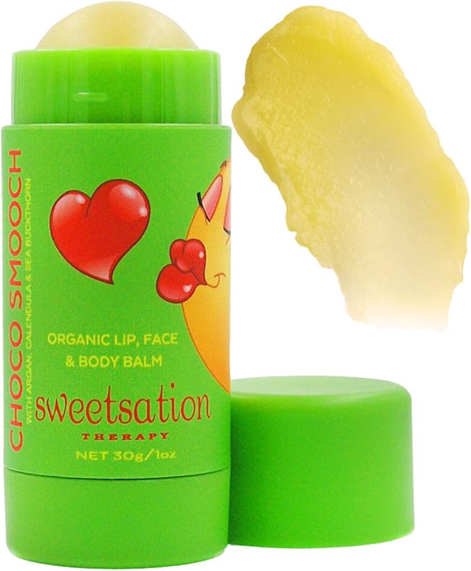 ChocoSmooch Organic Lip, Face & Body Balm, for Dry Cracked Irritated Skin with Argan, Calendula, Avocado & Sea Buckthorn, 1oz Jumbo.
