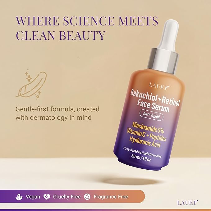 Bakuchiol Retinol Serum for Face with Vitamin C Hyaluronic Acid & Niacinamide Anti-Aging Plant-Based Serum Reduces Wrinkles Firms & Smooths Skin Vegan Fragrance-Free1 fl oz