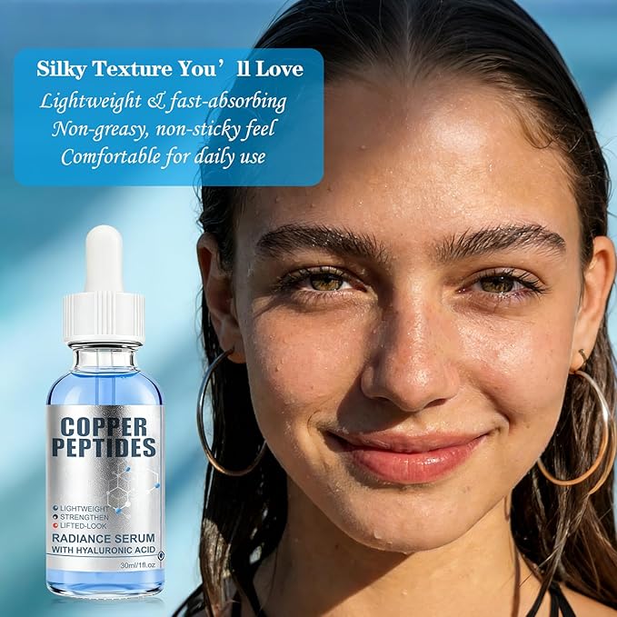 GHK-Cu Copper Peptide Facial Serum with Hyaluronic Acid, Lightweight Deep Hydration Face Serum, Smooth & Plumping Feel