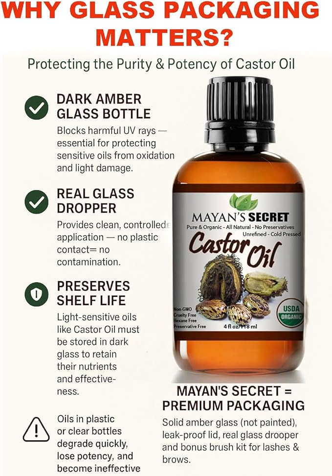 Certified Organic Castor Oil by Mayan's Secret: Nourishing and Strengthening Oil for Hair and Skin