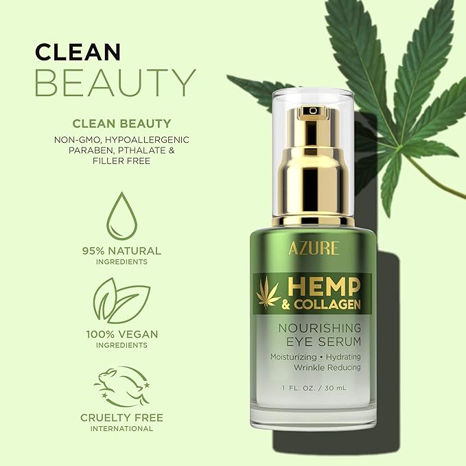 Azure Cosmetics Hemp & Collagen Nourishing Eye Serum - Moisturizing, Firming & Toning, Reduces Wrinkles, Fine Lines & Under Eye Bags, Restores Tired, Dehydrated Skin | Made in Korea - 30mL / 1 fl.oz.
