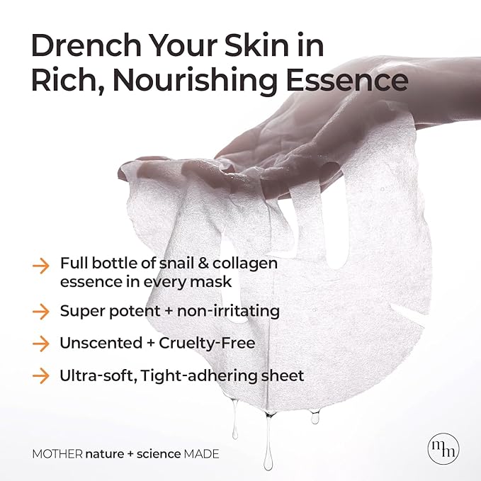 MOTHER MADE Snail Face Mask With Niacinamide 2% & Vitamin E, Collagen Sheet 10 EA, For Dry & Sensitive Skin, Mascarillas Para La Cara, Hyaluronic Acid, Korean Skincare