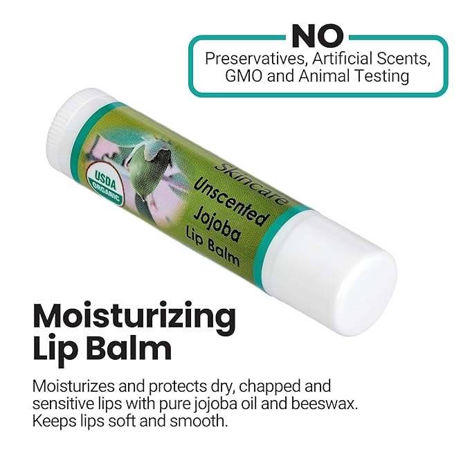 | USDA Organic Unscented Lip Balm – 70% Jojoba Oil with Beeswax – Fragrance-Free, Gentle Formula for Sensitive Lips – 2-Pack (0.15 oz / 4.6 g Each)