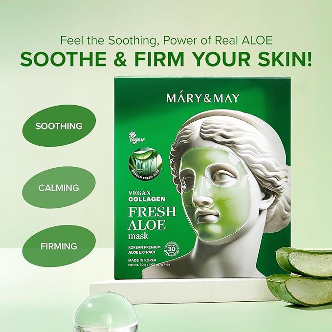 Mary&May Vegan Collagen Fresh Aloe Mask - Face Sheet Hydrogel Mask - Low Molecular Collagen, Houttuynia Cordata, Centella - Cooling, Soothing, Firming Korean Skincare for Sensitive Skin, 4 Sheets