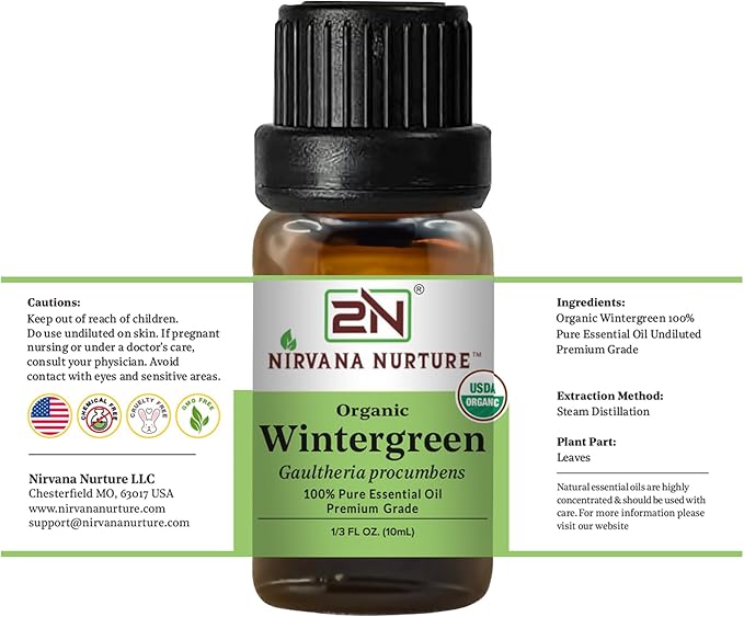 Wintergreen Essential Oil, USDA Certified Organic, 100% Pure Undiluted, Aromatherapy Oil for Diffuser, Hair & Skin Care