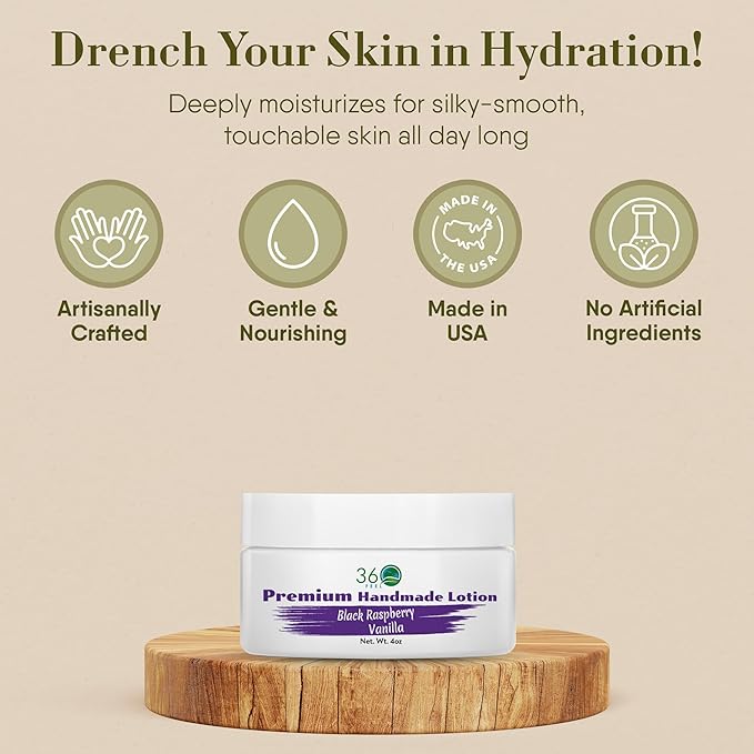 360Feel Black Raspberry Vanilla Lotion - Hydrates with Coconut & Olive Oil, Plant-Based, Non-Greasy, Sensitive Skin, All Day Use