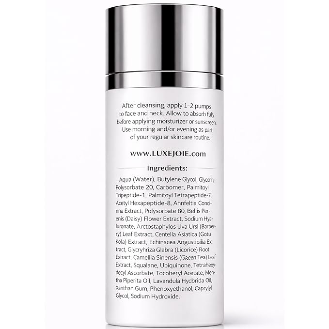 LuxeJoie Luminous Peptide Facial Serum, Hydrating Face Serum with Peptides + Hyaluronic Acid, Lightweight Non Sticky, Smooths the Look of Fine Lines, For All Skin Types, 1 oz