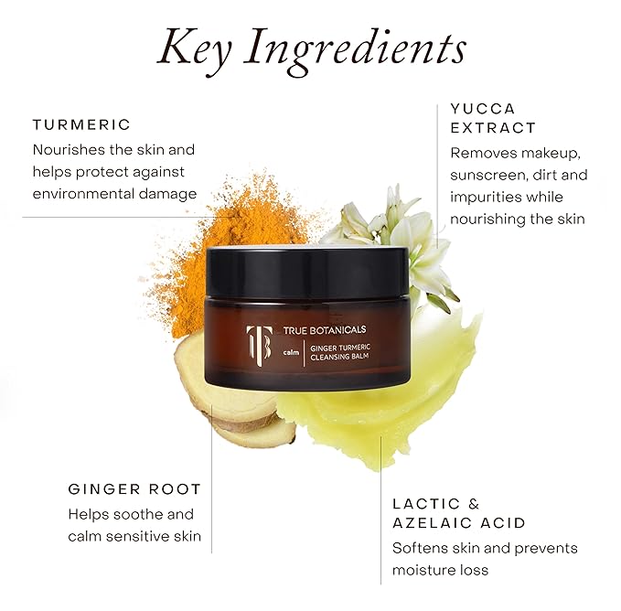 True Botanicals Ginger Turmeric Cleansing Balm | Natural Hydrating Facial Cleanser + Makeup Remover for Dry & Sensitive Skin | Nourishing Oil Cleanser with Ceramides & Antioxidants | Vegan | 3.4 fl oz
