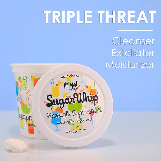 Primal Elements Sugar Scrub, Exfoliating Sugar Whip, Face and Body Cleanser, Moisturizer, Pineapple Rum Splash, 10 oz Package