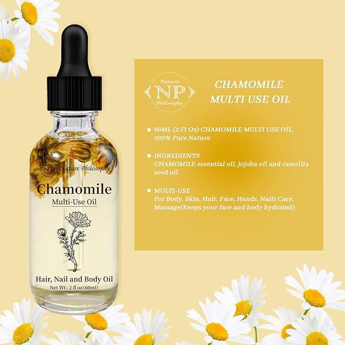 NP NATURES PHILOSOPHY Chamomile Multi-Use Oil for Face, Body and Hair - Organic Plant Fragrant Essential Oil for Dry Skin, Scalp and Nails - 2 Fl Oz