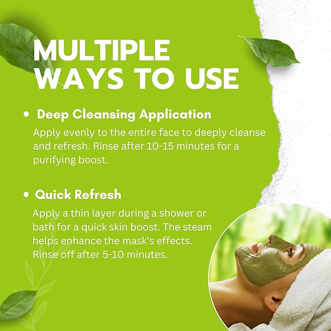 Green Tea Matcha Mud Mask with Aloe Vera, Deep Cleansing, Hydrating, and Relaxing Volcanic Clay Facial Mask, 3.53 oz/100g