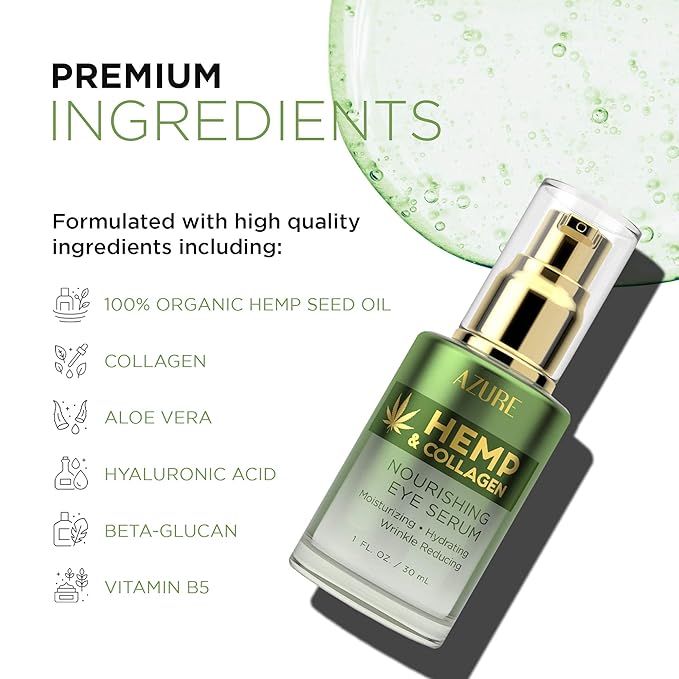 Azure Cosmetics Hemp & Collagen Nourishing Eye Serum - Moisturizing, Firming & Toning, Reduces Wrinkles, Fine Lines & Under Eye Bags, Restores Tired, Dehydrated Skin | Made in Korea - 30mL / 1 fl.oz.