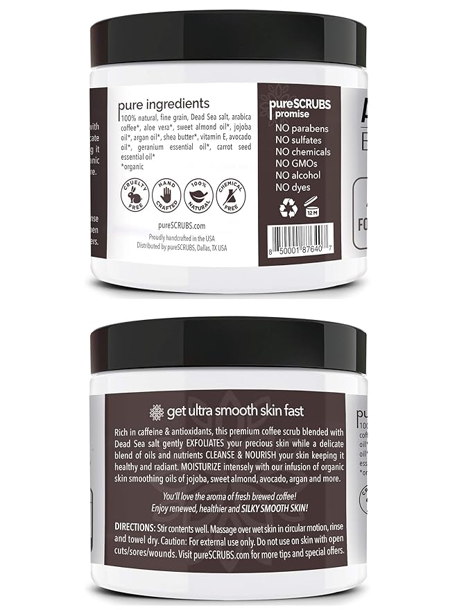 pureSCRUBS Premium Organic Arabica Coffee Body Scrub Set - ORIGINAL BLEND Large 16oz Anti Cellulite Scrub Essential Oils & Nutrients + FREE Wooden Spoon, Loofah & Mini Organic Exfoliating Bar Soap