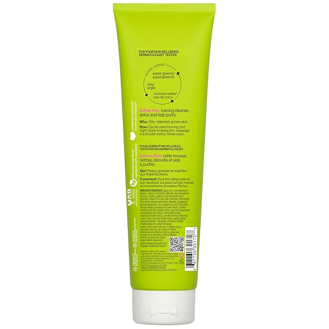 Pacifica Kale Detox Face Wash for Oily & Acne-Prone Skin, Deep Cleansing Facial Cleanser & Makeup Remover with Super Greens Kale, Seaweed & Clay, 5 fl oz –Clean Beauty, Vegan & Cruelty-Free