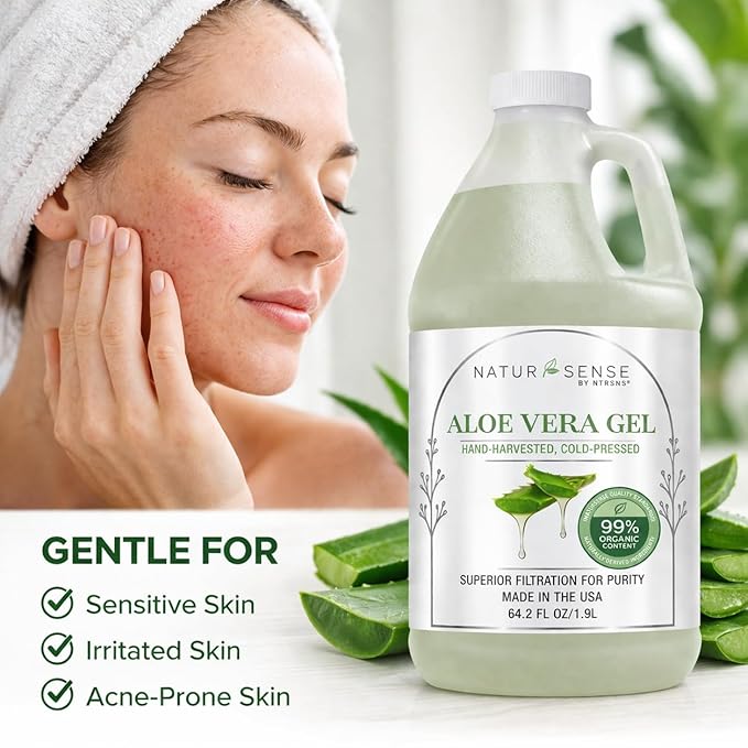 NTRSNS NaturSense 99% Organic Aloe Vera Gel 64.2 oz, Cold Pressed Pure Aloe for Face, Hair, Scalp, Sunburn, Dry Skin, Sensitive Skin, DIY Skincare, Unscented Refill Bottle. Made in USA