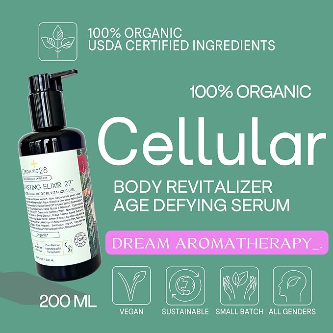 ORGANIC28+. 100% Organic Body Lotion – USA Made. 27 Botanicals Helichrysum Body Serum. Rejuvenating Body Moisturizer. Natural Body Lotion For Women With Plant Retinol. Aromatherapy. 6.8 Fl. Oz