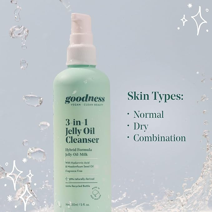 goodness 3 in 1 Jelly Oil Cleanser – Makeup Remover & Hydrating Oil Cleanser with Hyaluronic Acid – Waterproof Makeup Remover for Face – Vegan, Fragrance Free – 5 fl oz