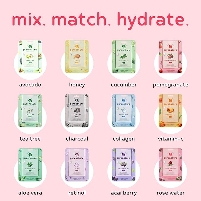 PB & JAY Purenature Facial Mask – Premium Quality Korean Sheet Mask for Soft, Calm Skin – Korean Collagen Essence Hydrating Facemask Sheet (Rose Water)
