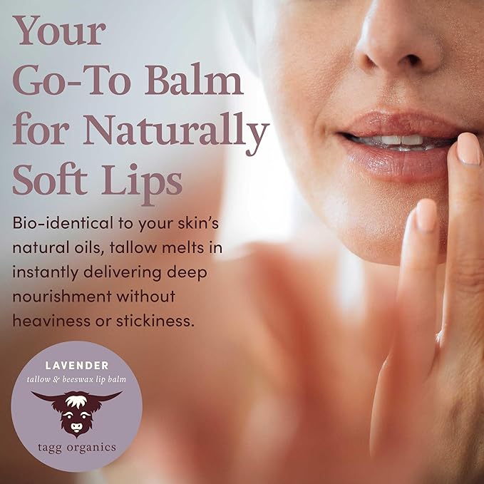Lavender Moisturizing Tallow Lip Balm – Nourishing & Soothing with Organic Grass-Fed & Finished Tallow, 100% All Natural Beeswax & Essential Oils for Soft, Hydrated Lips, 0.5 oz., by Tagg Organics.
