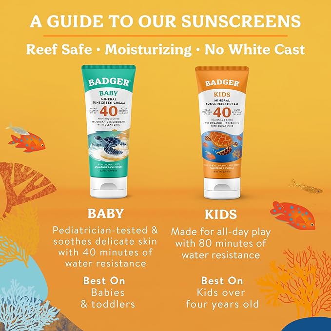 Badger Kids Mineral Sunscreen Cream SPF 40, 98% Organic Ingredients, Zinc Oxide Sunscreen for Kids Face & Body, Water Resistant, Reef Friendly, Hawaii Approved Broad Spectrum Sunblock, 2.9 fl oz